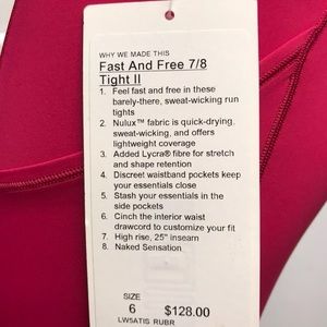 Lululemon fast n free 7/8 length size 6